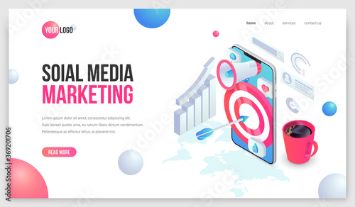 Digital marketing landing. Social Media Mobile Isometric web page concept. Trendy 3d Business analysis vector illustration with smartphone for web site, mobile app