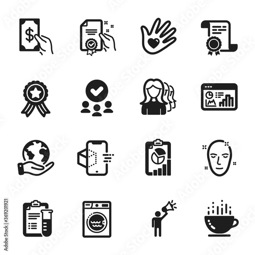 Set of Business icons, such as Seo statistics, Health skin. Certificate, approved group, save planet. Receive money, Medical analyzes, Report. Laundry, Social responsibility, Coffee cup. Vector