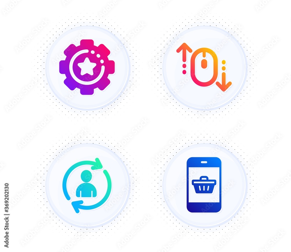 Person info, Settings gear and Scroll down icons simple set. Button with halftone dots. Smartphone buying sign. Refresh user data, Technology process, Mouse swipe. Website shopping. Vector