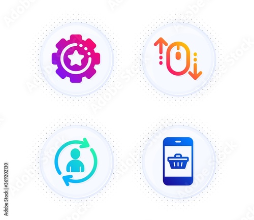 Person info, Settings gear and Scroll down icons simple set. Button with halftone dots. Smartphone buying sign. Refresh user data, Technology process, Mouse swipe. Website shopping. Vector