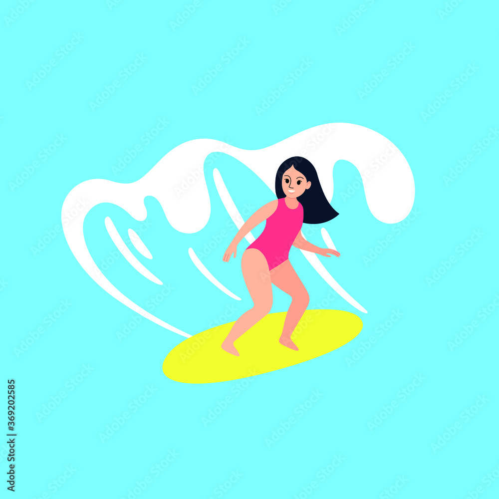 Girl surfer character. Surfer and ocean wave. Vector illustration.
