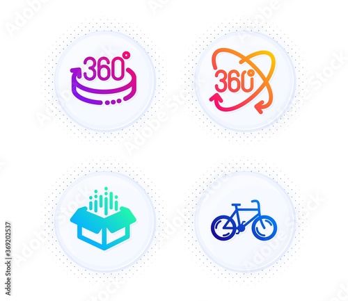 Full rotation, 360 degrees and Open box icons simple set. Button with halftone dots. Bicycle sign. 360 degree, Full rotation, Delivery package. Bike. Business set. Vector