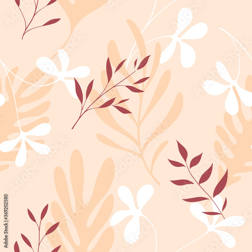 Simple seamless pattern with different plant element. Flat design foliage print. Vector background in beige and maroon color.