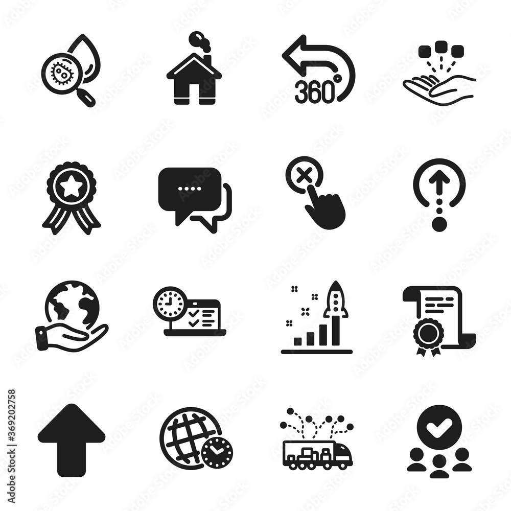 Set of Technology icons, such as Swipe up, Home. Certificate, approved group, save planet. Reject click, Development plan, Time zone. Upload, Truck delivery, Message. Vector Set of Technology icons, such as Swipe up, Home. Certificate, approved group, save planet. Reject click, Development plan, Time zone. Upload, Truck delivery, Message. Vector