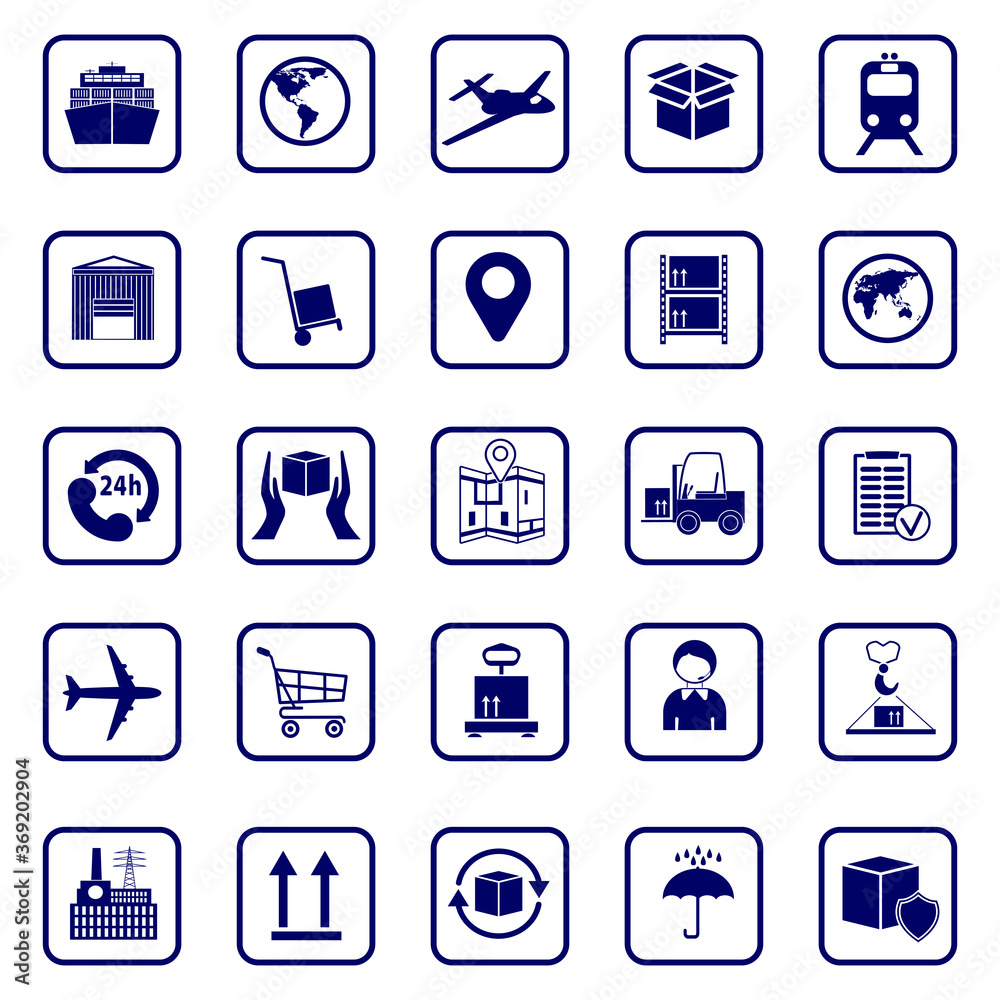 Logistics icons. Set icons transport and logistics in blue.  Warehouse and shipping equipment. Icons vector for your web site design, logo, app, UI. EPS10.