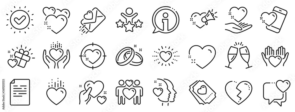Gift box, Broken heart and Romantic letter. Love line icons. Wedding rings, glasses with champagne, love heart icons. Happy couple, heart holding, romantic loudspeaker. Approved tick, document. Vector