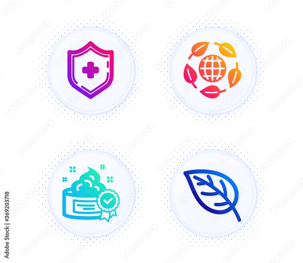 Medical shield, Eco organic and Cream icons simple set. Button with halftone dots. Leaf sign. Medicine protection, Bio ingredients, Best lotion. Environmental. Healthcare set. Vector Medical shield, Eco organic and Cream icons simple set. Button with halftone dots. Leaf sign. Medicine protection, Bio ingredients, Best lotion. Environmental. Healthcare set. Vector