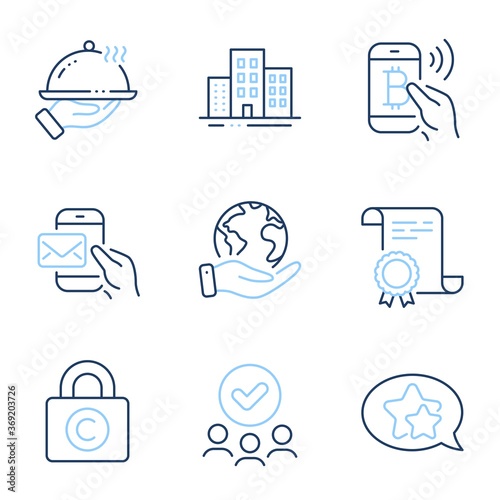 Bitcoin pay, Copyright locker and Star line icons set. Diploma certificate, save planet, group of people. Restaurant food, Messenger mail and Buildings signs. Vector