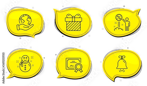 Bell sign. Diploma certificate, save planet chat bubbles. Discount, Snowman and Surprise line icons set. Sale shopping, New year, Present with bow. Alarm signal. Holidays set. Vector