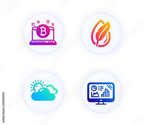 Bitcoin, Hypoallergenic tested and Sunny weather icons simple set. Button with halftone dots. Analytics graph sign. Cryptocurrency laptop, Feather, Summer. Growth report. Business set. Vector