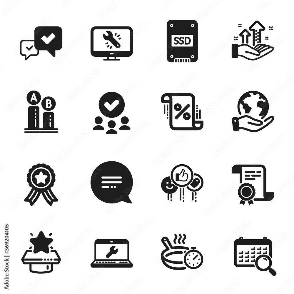 Set of Technology icons, such as Analysis graph, Loan percent. Certificate, approved group, save planet. Monitor repair, Search calendar, Approve. Text message, Like, Winner podium. Vector