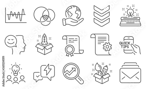 Set of Education icons, such as Euler diagram, Typewriter. Diploma, ideas, save planet. Analytics, Technical documentation, Lightning bolt. Education, Shoulder strap, Stock analysis. Vector