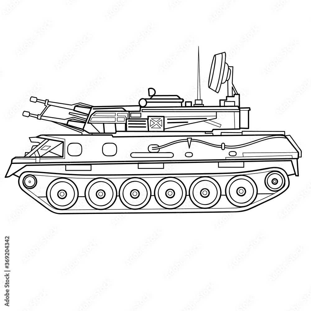 sketch of an armored vehicle, tank, coloring, isolated object on white background, vector illustration,