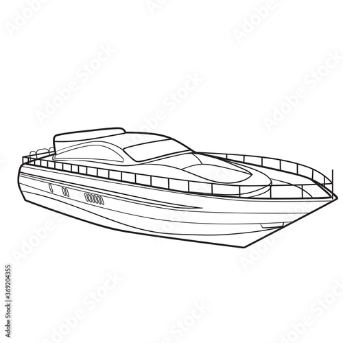 motor boat sketch, coloring book, isolated object on white background, vector illustration,