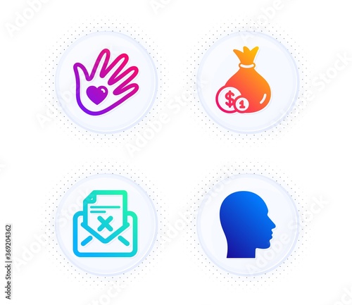Reject letter  Cash and Social responsibility icons simple set. Button with halftone dots. Head sign. Delete mail  Banking currency  Helping hand. Human profile. Business set. Vector