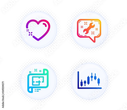 Architectural plan, Spanner and Heart icons simple set. Button with halftone dots. Candlestick graph sign. Technical project, Repair service, Love. Finance chart. Business set. Vector