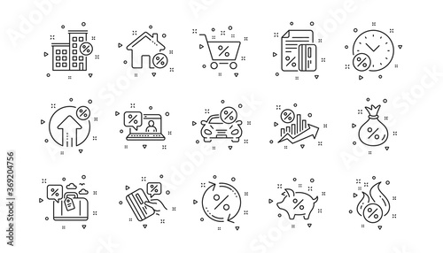 Investment, Interest rate and Percentage diagram. Loan line icons. Car leasing linear icon set. Geometric elements. Quality signs set. Vector