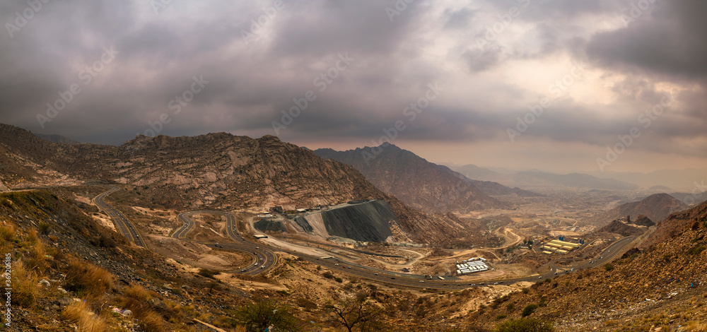 Views of traffic travelling along the zig zag road in Al Hada, Taif region of Saudi Arabia