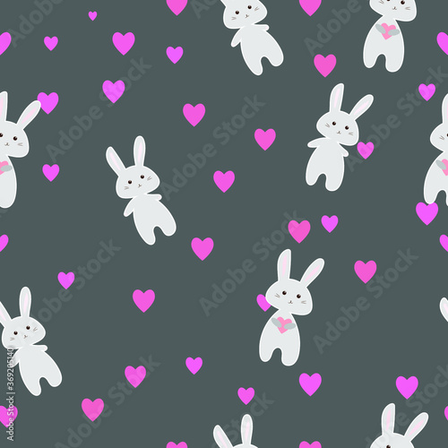 Grey cheerful seamless pattern  cute bunnies soft pink and gray  flat simple vector illustration