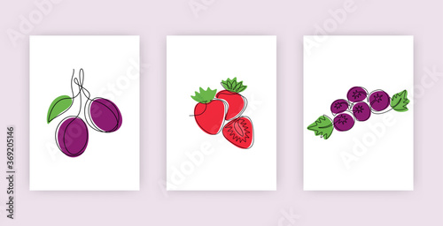 Continuous one line drawing of blueberries plums strawberries. Minimalistic colorful posters with hand drawn fruits and berries in cartoon style. Simple sketch for cards. Vector illustration
