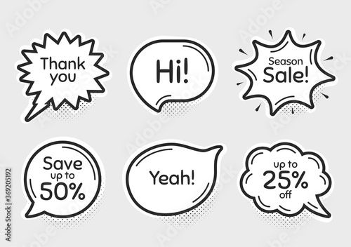 Comic chat bubbles. Season sale, 25% discount and save 50%. Thank you, hi and yeah phrases. Sale shopping text. Chat messages with phrases. Drawing texting thought speech bubbles. Vector