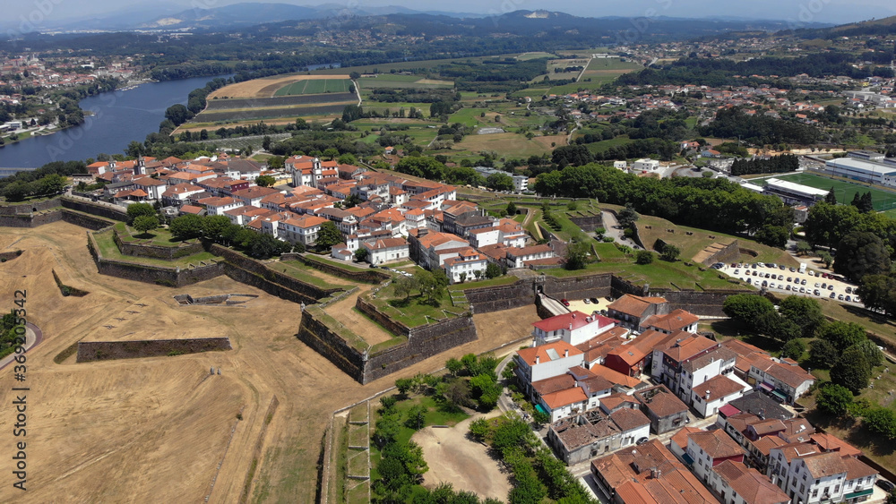 Aerial view of the fortress of Valenca do Minho in Portugal. Valença is a walled town located on the left bank of Minho River. The fortress is a piece of gothic and baroque military architecture.