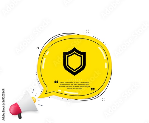 Shield icon. Quote speech bubble. Protection or Security sign. Defence or Guard symbol. Quotation marks. Classic security icon. Vector photo