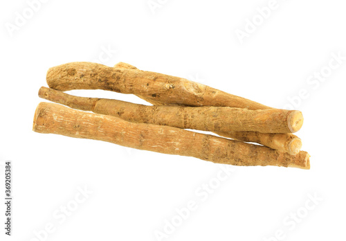 Ashwagandha Dry Root Medicinal Herb, also known as Withania Somnifera, Ashwagandha, Indian Ginseng, Poison Gooseberry, or Winter Cherry. Isolated on White Background.
