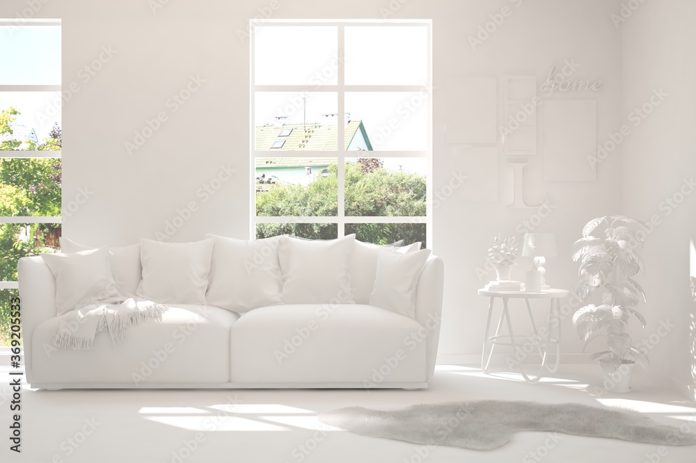 Fototapeta premium White living room with sofa and summer landscape in window. Scandinavian interior design. 3D illustration