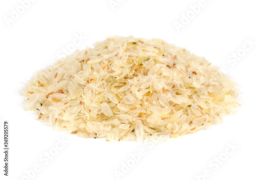 Psyllium (Ispaghula) Seed Husk Isolated on White Background. Dietary Fiber Food Supplement.