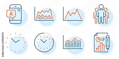 Report document, Group and Time signs. Diagram, Ab testing and Time management line icons set. Money diagram, Trade chart symbols. Growth graph, Phone test. Science set. Outline icons set. Vector