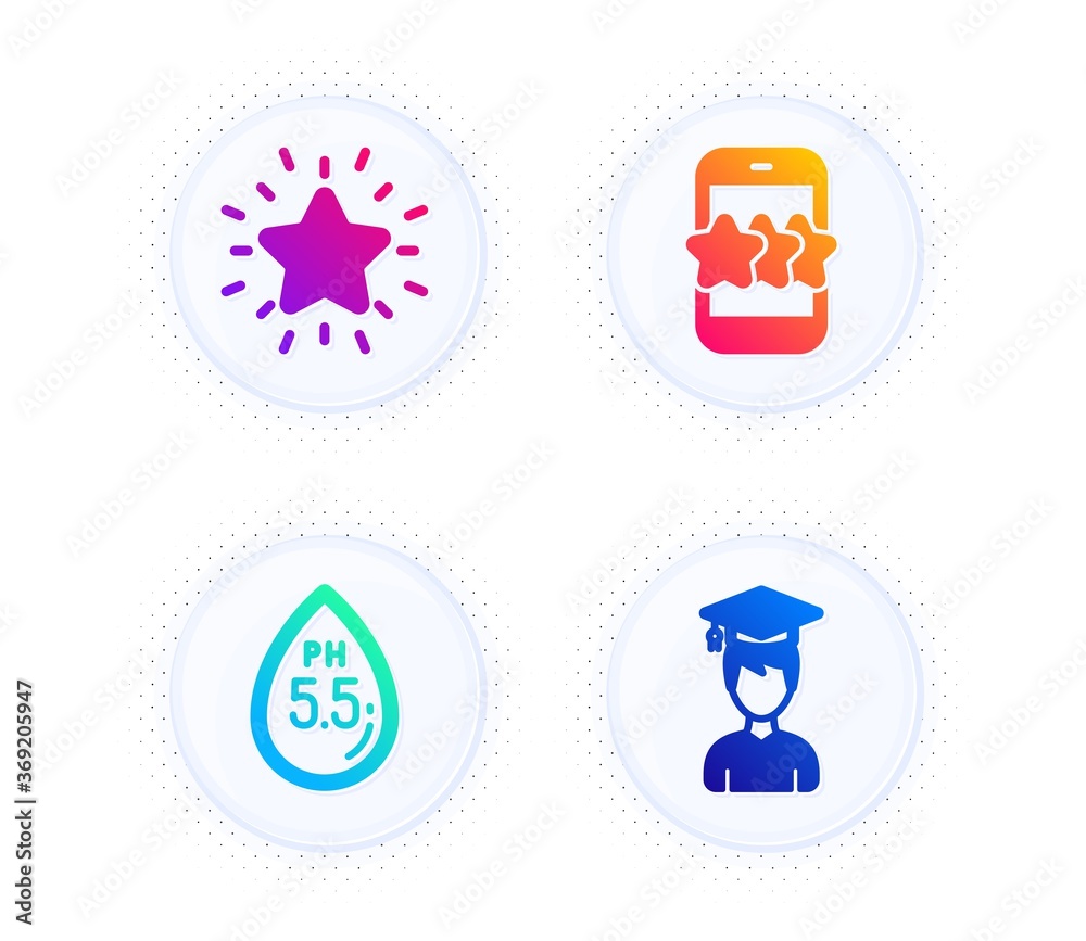 Star, Rank star and Ph neutral icons simple set. Button with halftone dots. Student sign. Phone feedback, Best result, Water. Graduation cap. Business set. Gradient flat star icon. Vector