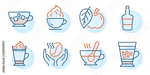 Tea cup, Scotch bottle and Frappe signs. Coffee, Apple and Coffee cup line icons set. Roasted bean, Fruit. Food and drink set. Outline icons set. Ð¡ircle with dashed line. Vector