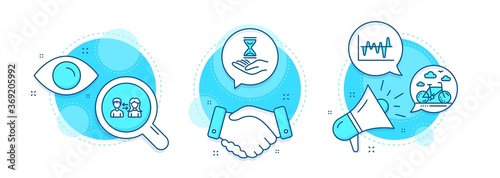 People communication, Time hourglass and Stock analysis line icons set. Handshake deal, research and promotion complex icons. Bike rental sign. People talking, Sand watch, Business trade. Vector