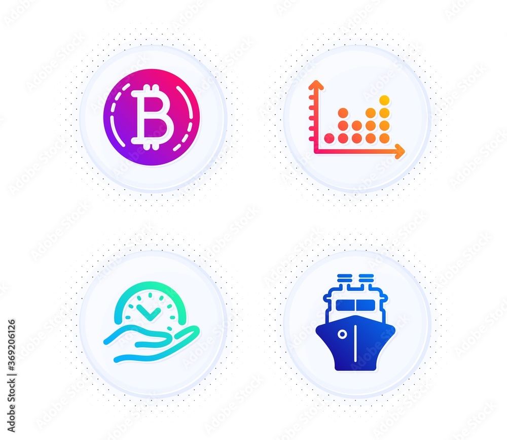 Dot plot, Safe time and Bitcoin icons simple set. Button with halftone dots. Ship sign. Presentation graph, Management, Cryptocurrency coin. Shipping watercraft. Technology set. Vector