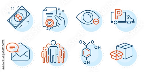 Bitcoin, Packing boxes and Truck parking signs. Chemical formula, Myopia and Certificate line icons set. New mail, Group symbols. Chemistry, Eye vision. Business set. Outline icons set. Vector