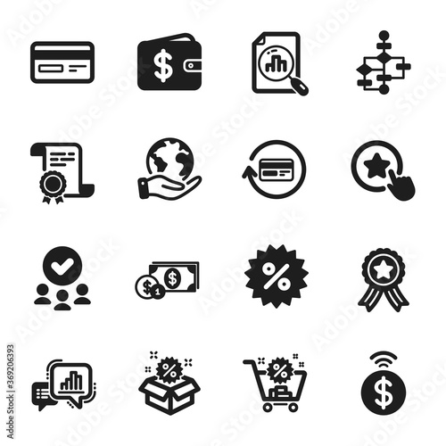 Set of Finance icons, such as Sale, Dollar wallet. Certificate, approved group, save planet. Analytics graph, Refund commission, Graph chart. Block diagram, Dollar money, Discount. Vector