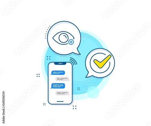 Eye diopter sign. Phone messages complex icon. Farsightedness line icon. Optometry vision symbol. Messenger chat screen banner. Farsightedness sign. Vector