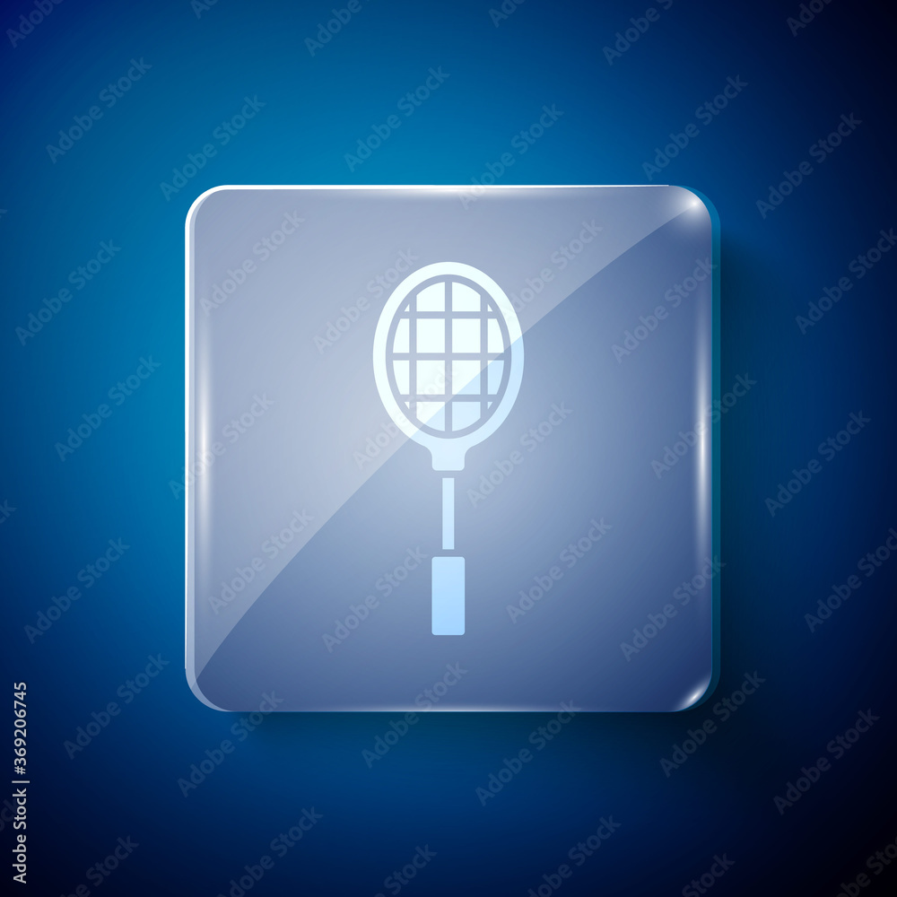 White Tennis racket icon isolated on blue background. Sport equipment. Square glass panels. Vector Illustration. White Tennis racket icon isolated on blue background. Sport equipment. Square glass panels. Vector Illustration.