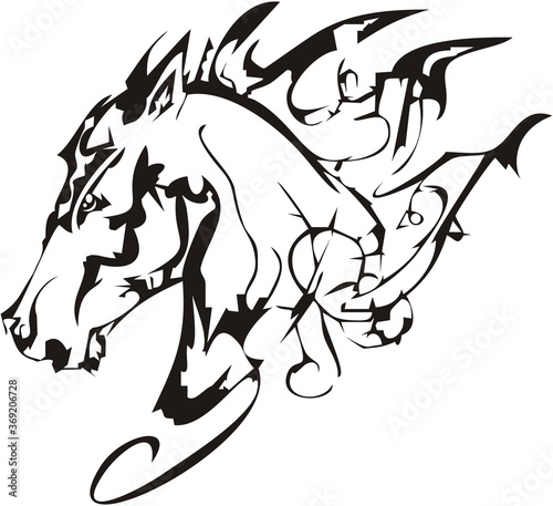 Linear flaming horse head symbol. A beautiful mustang head, formed by an art line for emblems, tattoos, posters, prints, wallpapers, etc. Black and White