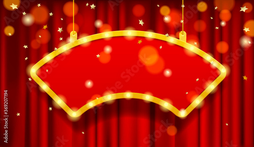 Hanging cambered red signboard with a yellow frame and lights on red curtain under a gold rain. Poster design for presentation, concert, show. Vector illustration