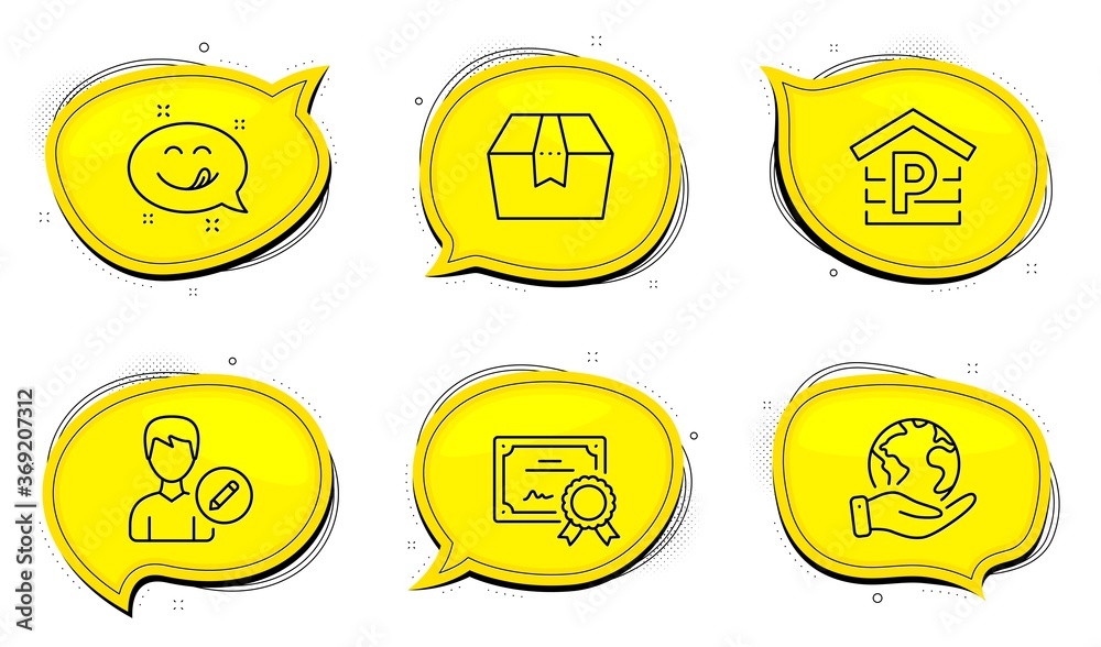 Package box sign. Diploma certificate, save planet chat bubbles. Yummy smile, Edit person and Parking line icons set. Emoticon, Change user info, Garage. Delivery goods. Business set. Vector Package box sign. Diploma certificate, save planet chat bubbles. Yummy smile, Edit person and Parking line icons set. Emoticon, Change user info, Garage. Delivery goods. Business set. Vector