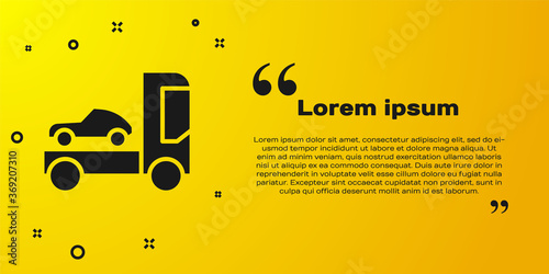 Black Car transporter truck for transportation of car icon isolated on yellow background. Vector Illustration.