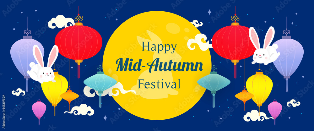 Happy Mid Autumn Festival Banner vector illustration. Chinese lanterns with cute rabbits and full moon on night sky background