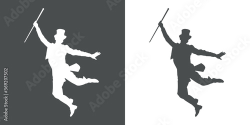 Silueta de bailarín de claqué retro con chistera y bastón en fondo gris y fondo blanco