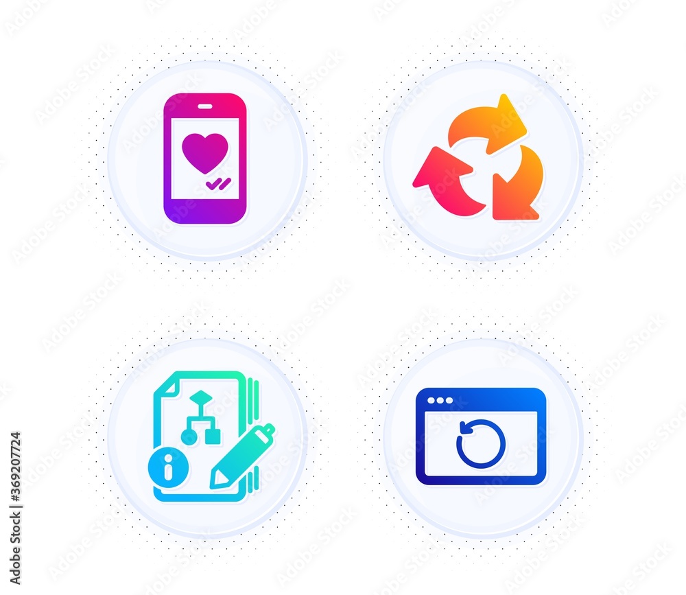 Recycle, Algorithm and Love chat icons simple set. Button with halftone dots. Recovery internet sign. Recycling waste, Project, Smartphone. Backup info. Technology set. Vector Recycle, Algorithm and Love chat icons simple set. Button with halftone dots. Recovery internet sign. Recycling waste, Project, Smartphone. Backup info. Technology set. Vector
