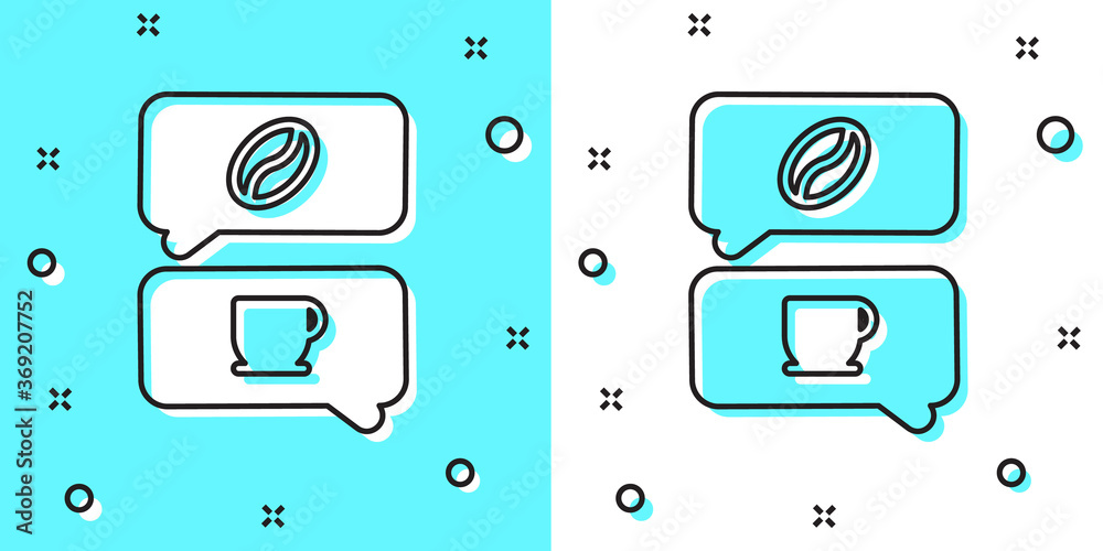 Black line Coffee and conversation icon isolated on green and white background. Coffee talk. Speech bubbles chat. Random dynamic shapes. Vector Illustration. Black line Coffee and conversation icon isolated on green and white background. Coffee talk. Speech bubbles chat. Random dynamic shapes. Vector Illustration.