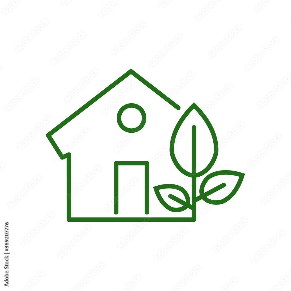 Concepto casa verde. Ecología. Icono plano lineal casa con hoja de árbol en color verde Concepto casa verde. Ecología. Icono plano lineal casa con hoja de árbol en color verde