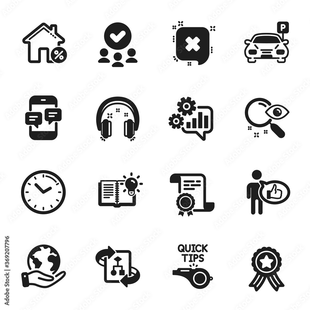 Set of Technology icons, such as Time, Loan house. Certificate, approved group, save planet. Phone messages, Product knowledge, Reject. Cogwheel, Search, Tutorials. Vector Set of Technology icons, such as Time, Loan house. Certificate, approved group, save planet. Phone messages, Product knowledge, Reject. Cogwheel, Search, Tutorials. Vector