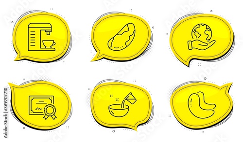 Cooking water sign. Diploma certificate, save planet chat bubbles. Coffee machine, Brazil nut and Cashew nut line icons set. Cappuccino machine, Vegetarian, Vegetarian food. Glass. Vector